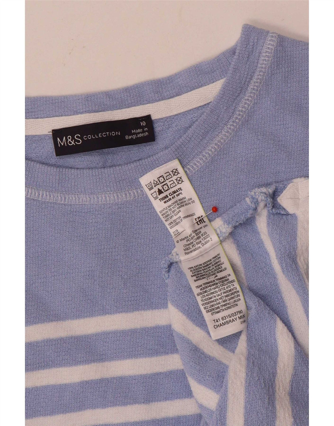 Marks & Spencer Top pentru femei cu mânecă lungă UK 10 mic, albastru, bumbac cu dungi
