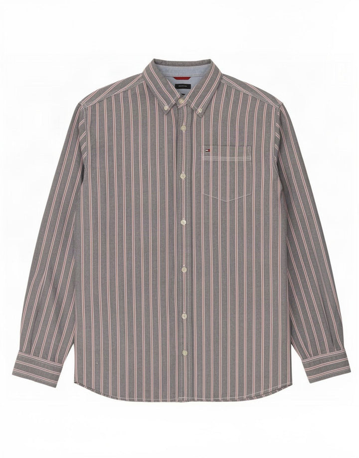 Cămașă pentru bărbați Tommy Hilfiger, bumbac cu dungi, gri mediu