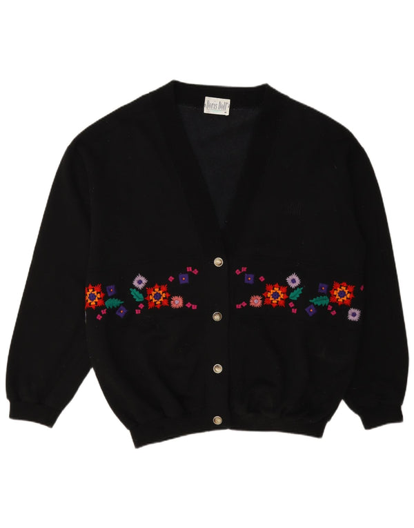 Pulover Cardigan Vintage pentru Damă UK 14 Medium Negru Floral Bumbac