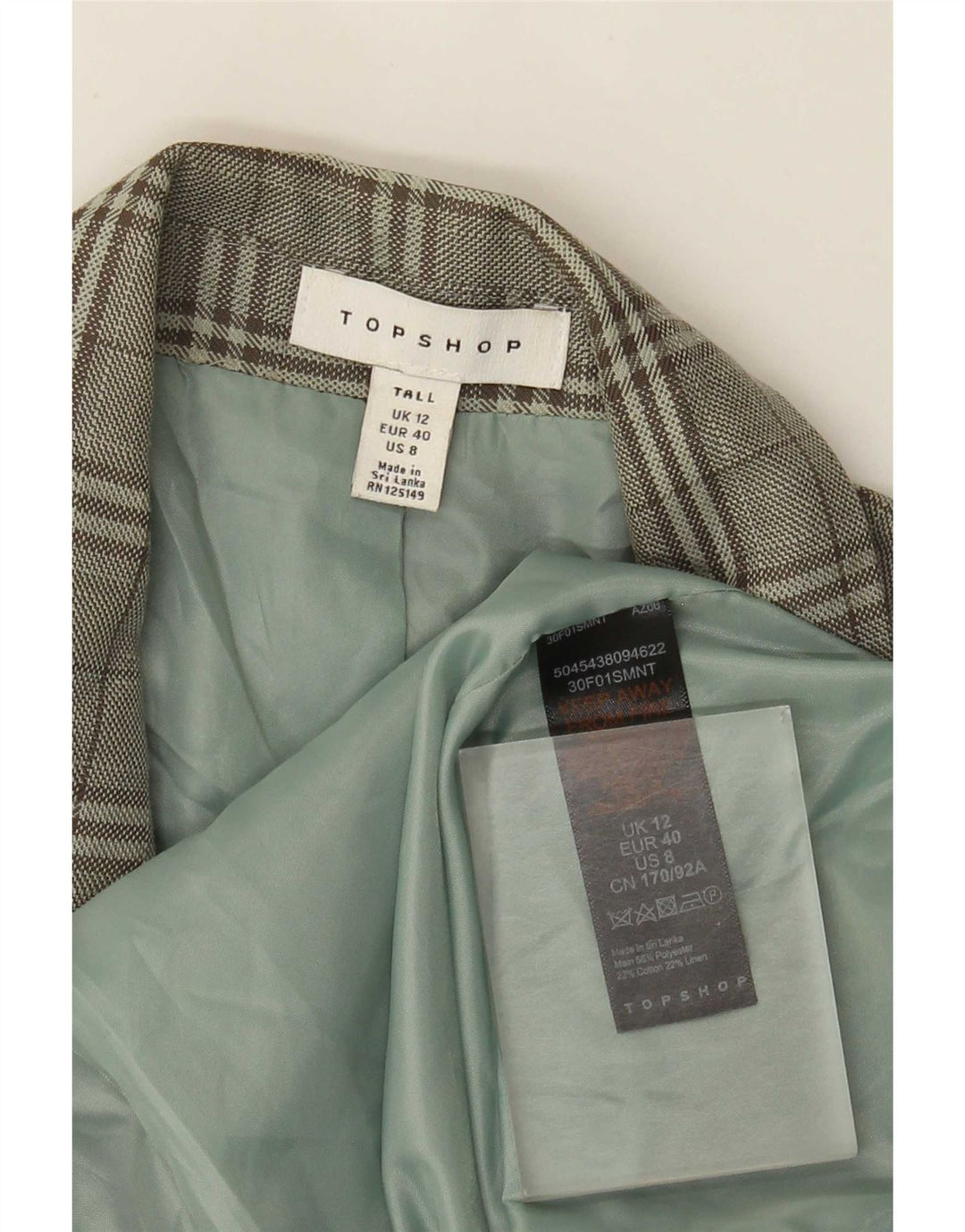 Topshop Jachetă Blazer înaltă pentru femei, UK 12 Medium Green Check
