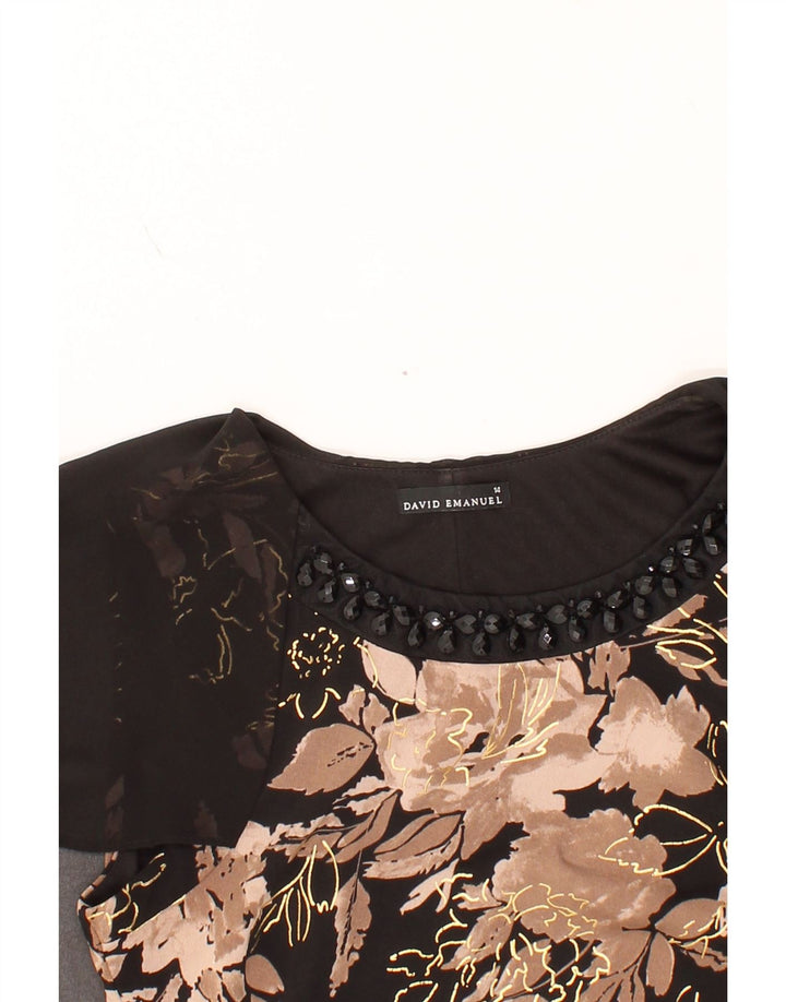 DAVID EMANUEL Womens Sheath Dress UK 14 Medium Black Floral Polyester Vintage David Emanuel and Second-Hand David Emanuel from Messina Hembry 