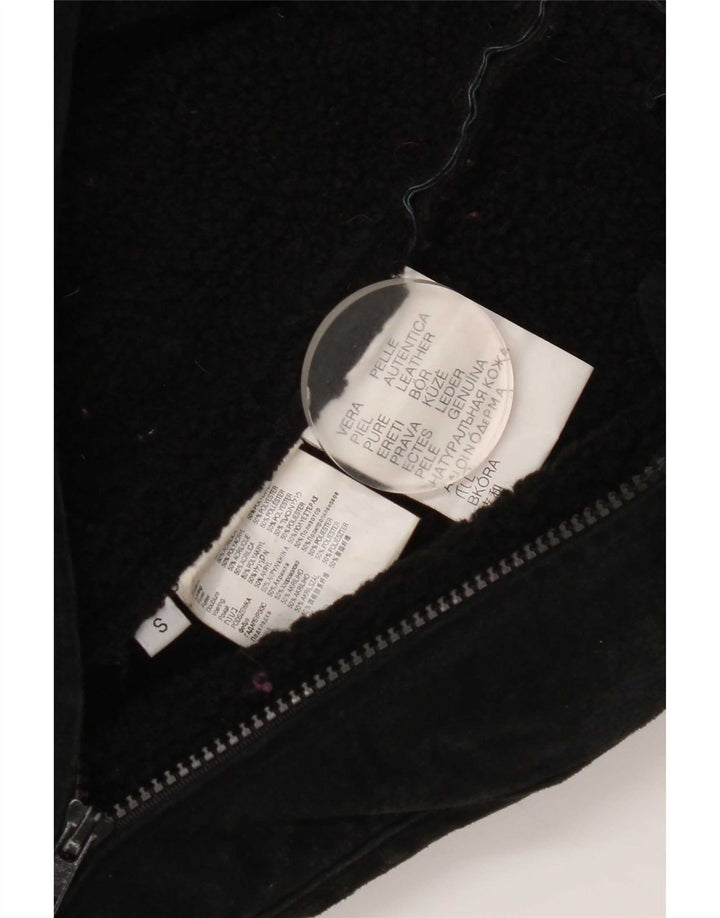 Jachetă din piele de căprioară Sherpa pentru femei vintage UK 10 Mic din piele neagră