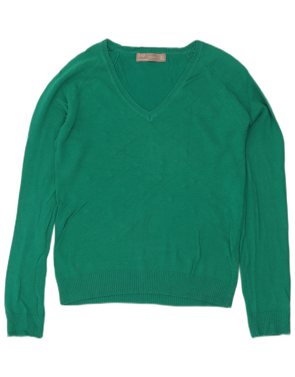 Pulover cu decolteu în V Zara pentru femei UK 14, bumbac verde mare