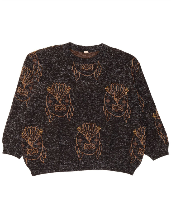 Pulover VINTAGE pentru damă, cu grafică, cu decolteu triplu, UK 18 XL, negru cu pete