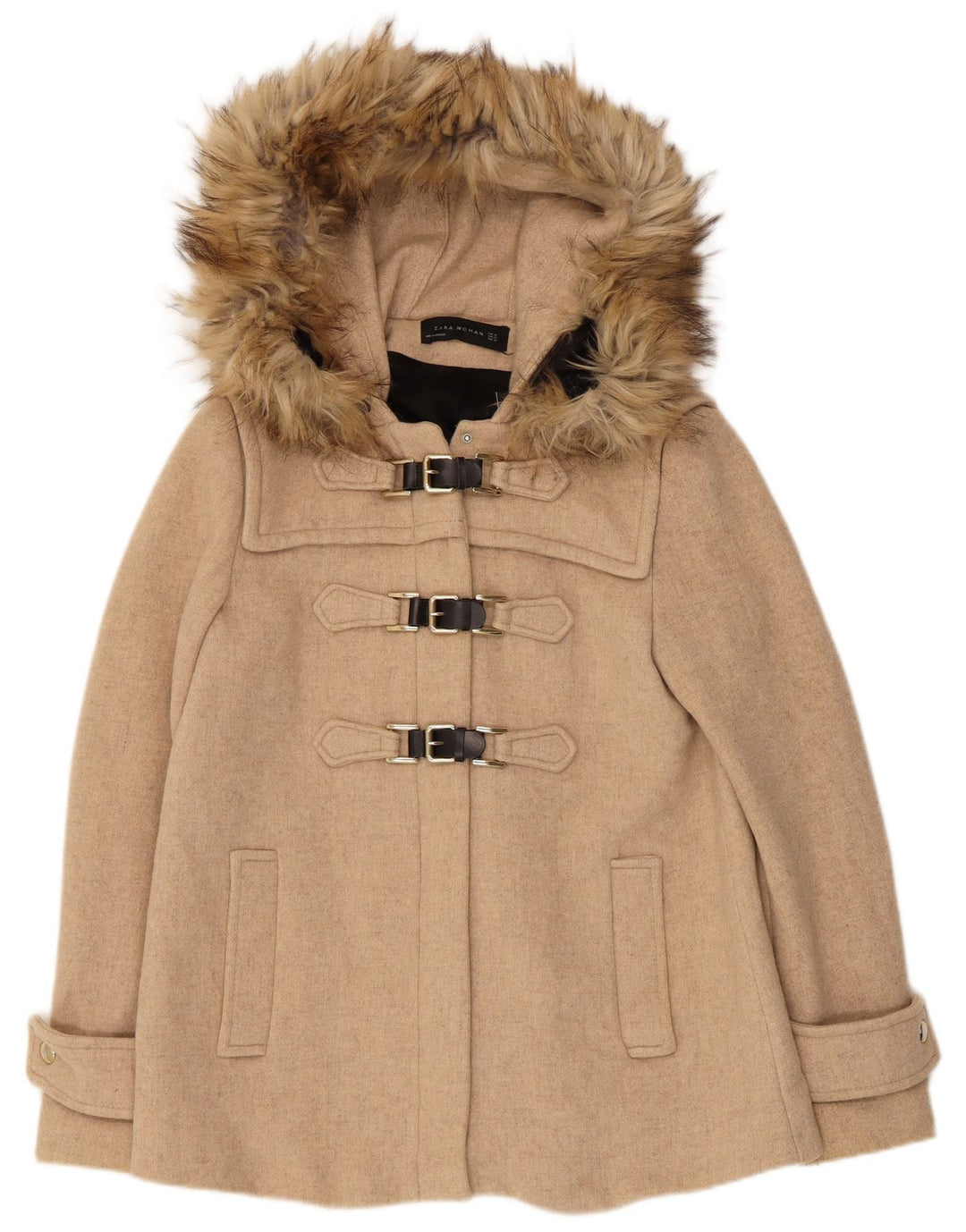 Zara Womens Hooded Oversized Duffle Coat UK 6 XS Beige