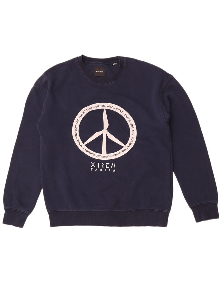 Pulover cu grafic pentru bărbați Jack & Jones Pulover mediu din bumbac bleumarin