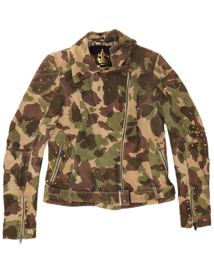 Jachetă de motociclist din piele intoarsa pentru femei vintage UK 16, mare, verde, camuflaj