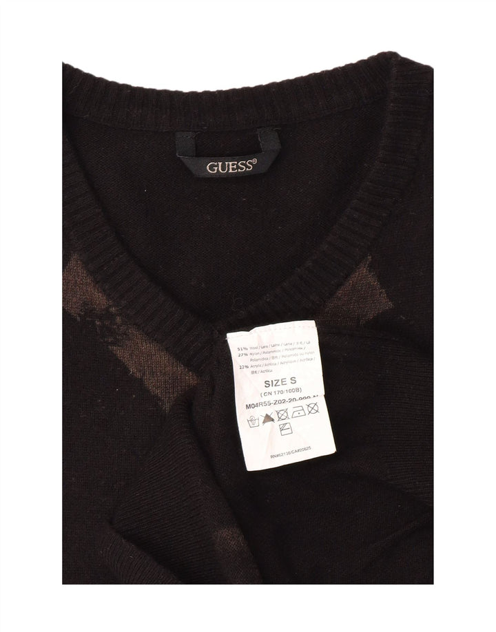 GUESS Womens V-Neck Jumper Sweater UK 10 Small Black Argyle/Diamond Wool