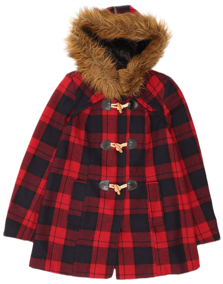 MISS SELFRIDGE Jachetă duffle cu glugă pentru femei UK 6 XS Lână carouri roșie