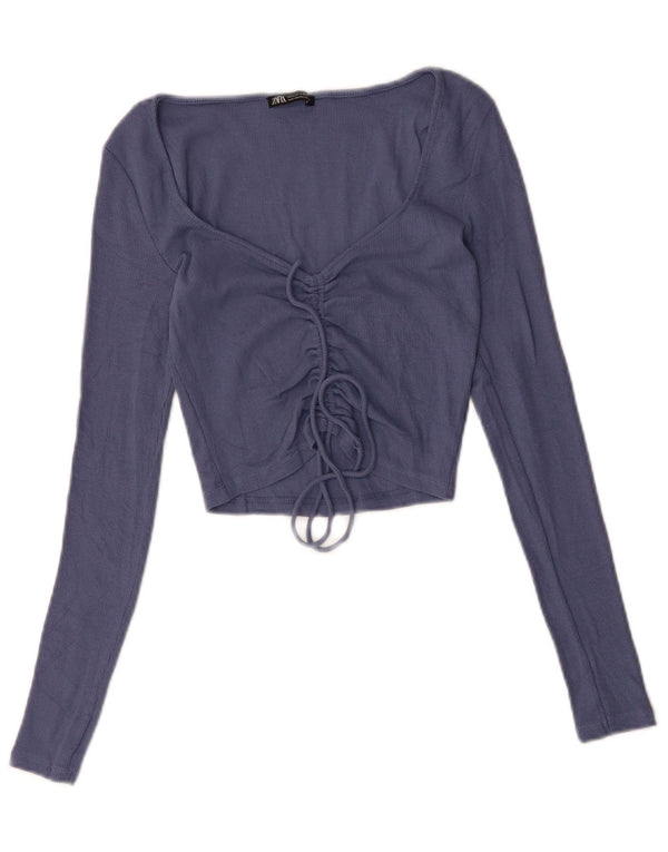 Top crop ZARA pentru femei cu mânecă lungă UK 12, bumbac albastru mediu