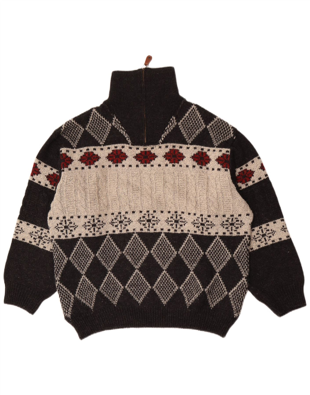 Pulover vintage pentru bărbați cu fermoar și gât IT 48 Medium Black Argyle/Diamond