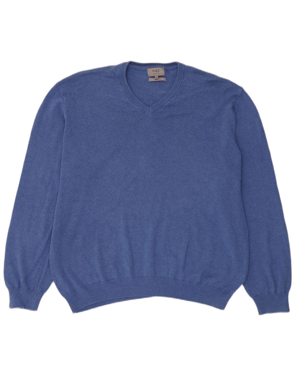 Pulover cu decolteu în V pentru bărbați Marks & Spencer, bumbac albastru 3XL