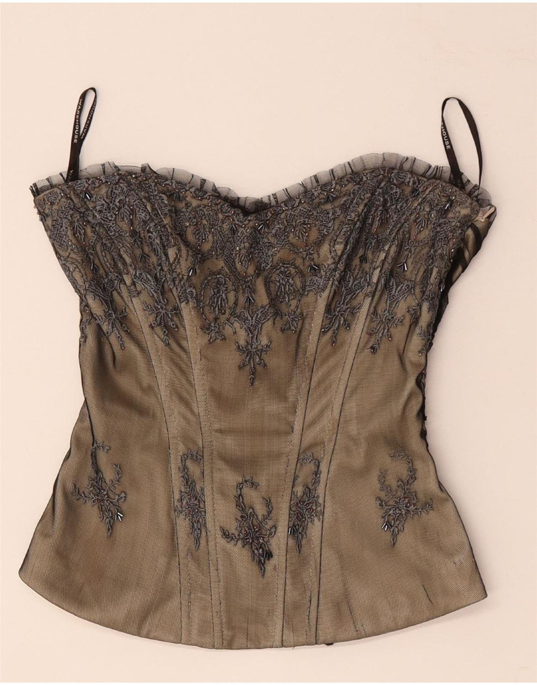 WAREHOUSE Top cu corset cu umăr dezactivat pentru femei UK 8 Mic Bej Poliester floral