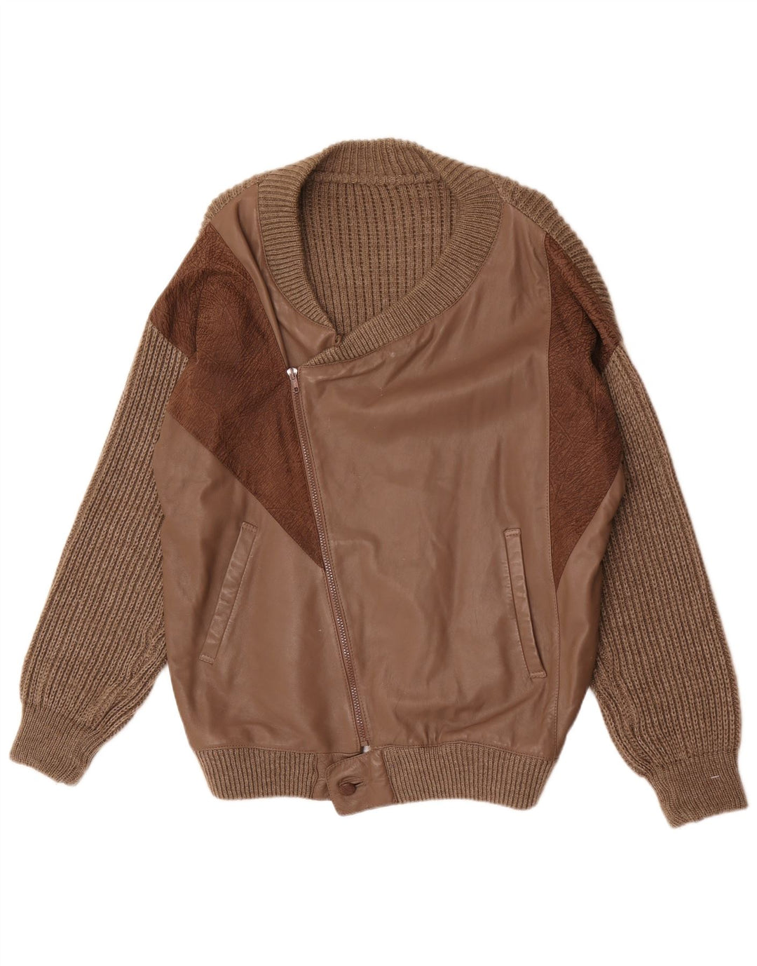 Cardigan din piele vintage pentru bărbați, lână maro mare