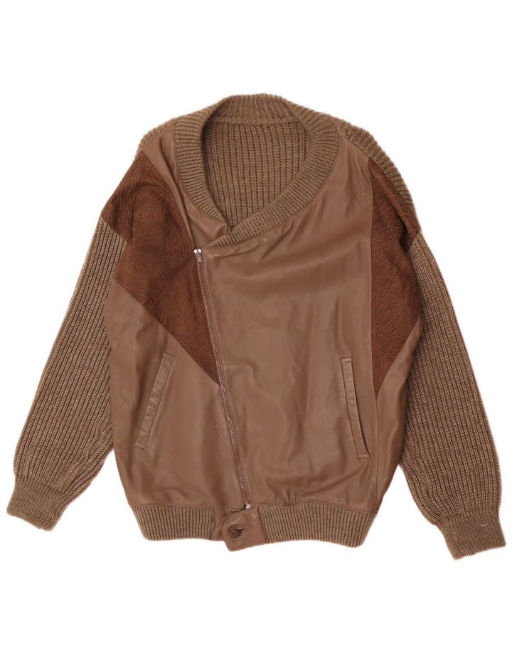 Cardigan din piele vintage pentru bărbați, lână maro mare
