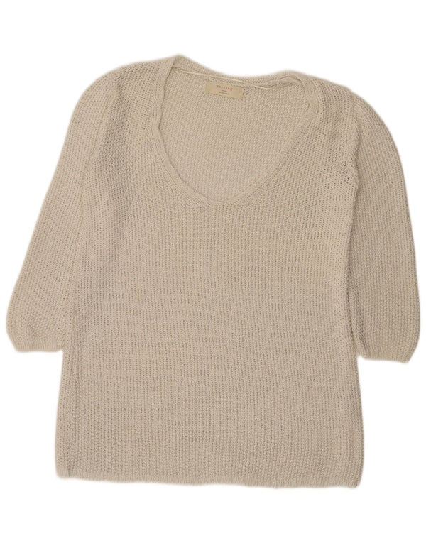 Pulover pentru femeie Zara, cu mâneci 3/4, croșetat, cu decolteu în V, UK 16, mare, alb
