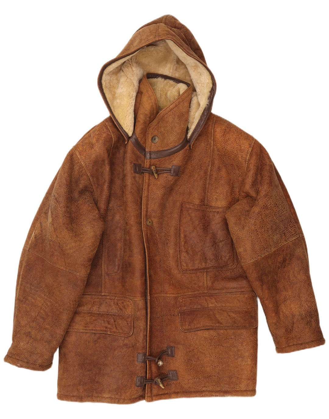 Jachetă din shearling cu glugă pentru bărbați VINTAGE IT 50 mare, maro, din shearling