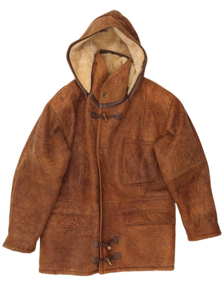 Jachetă din shearling cu glugă pentru bărbați VINTAGE IT 50 mare, maro, din shearling