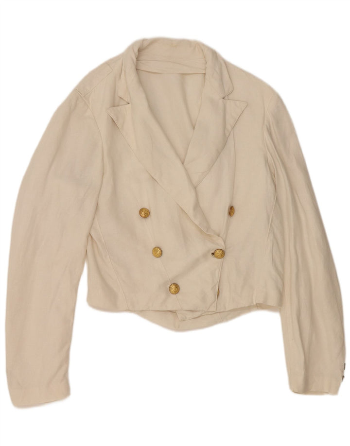 VINTAGE Womens Crop Double Breasted Blazer Jacket UK 12 Medium Off White