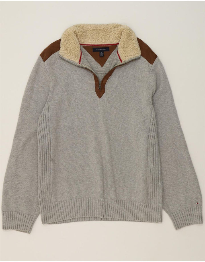 TOMMY HILFIGER Mens Zip Neck Jumper Sweater XL Grey Colourblock Polyester Vintage Tommy Hilfiger and Second-Hand Tommy Hilfiger from Messina Hembry 