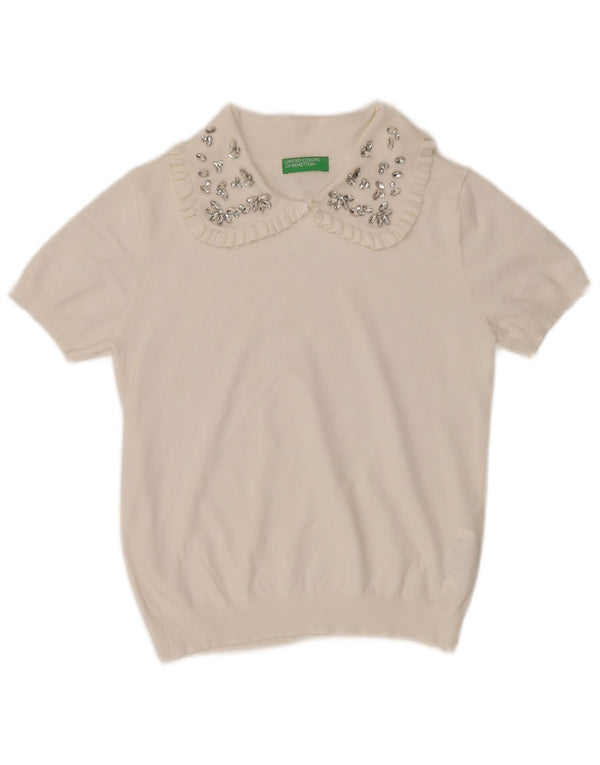 Pulover pentru femei Benetton cu mânecă scurtă și gât polo, UK 6 XS, bumbac alb