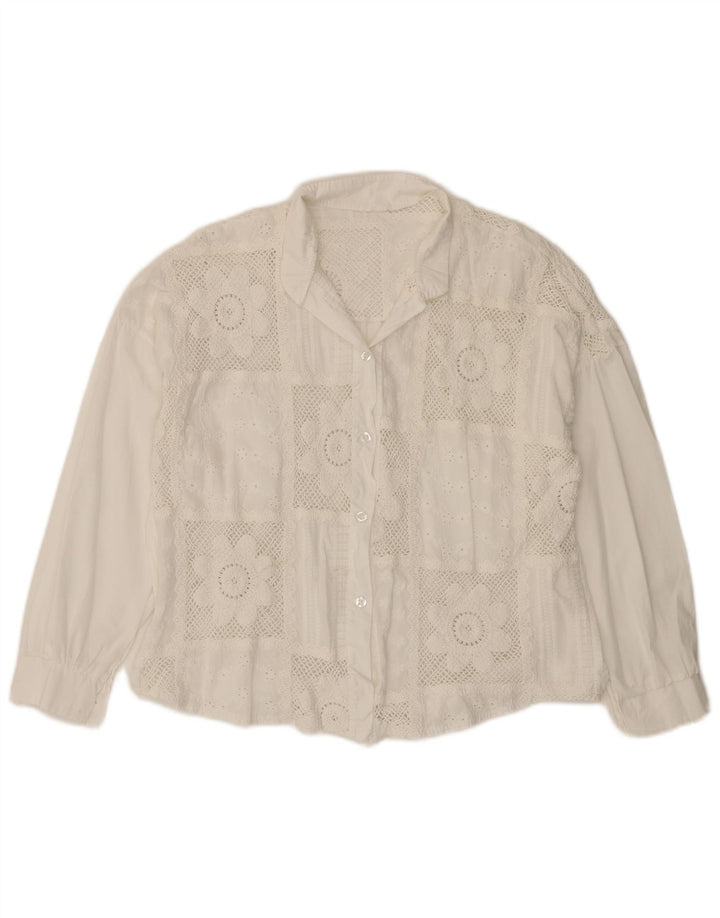 Bluză cămașă pentru femei VINTAGE cu mâneci 3/4 UK 14, bumbac floral, alb, mediu
