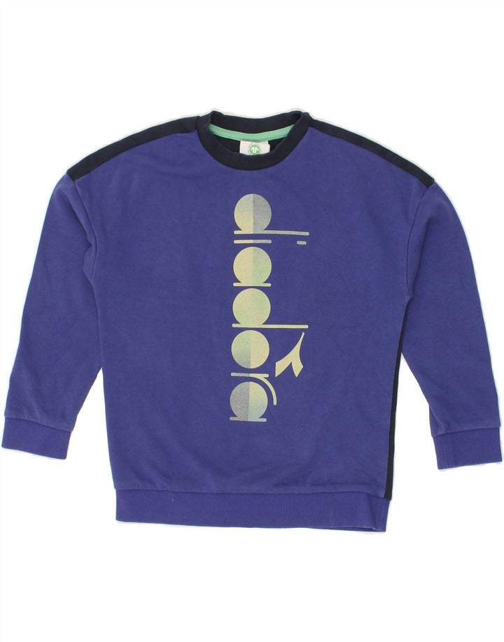 DIADORA Boys Graphic Sweatshirt Jumper 10-11 Years Medium Blue Colourblock Vintage Diadora and Second-Hand Diadora from Messina Hembry 