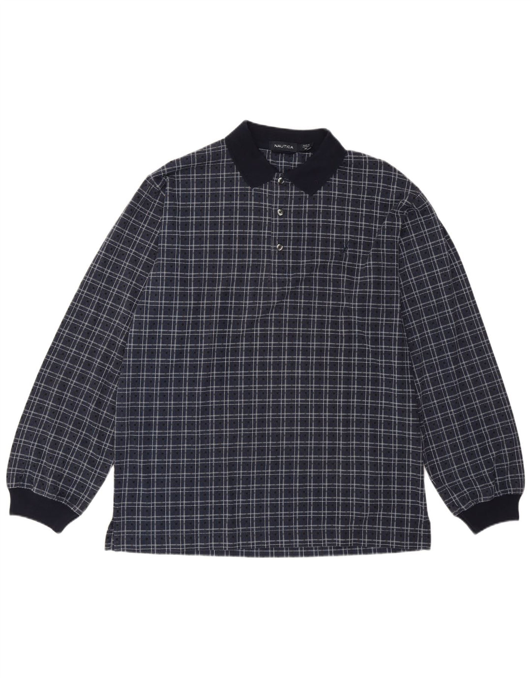 Cămașă polo cu mânecă lungă pentru bărbați Nautica, bumbac cu carouri, albastru bleumarin mediu