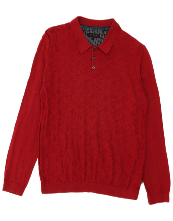 Pulover cu gât polo Ted Baker pentru bărbați, mărime 4, bumbac geometric, roșu, mare