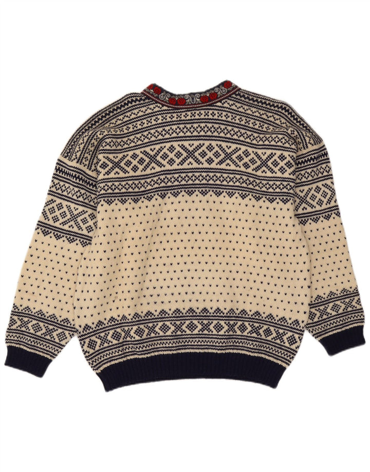Pulover Voss pentru bărbați, unisex, cu decolteu în V, din lână Fair Isle, alb, mediu