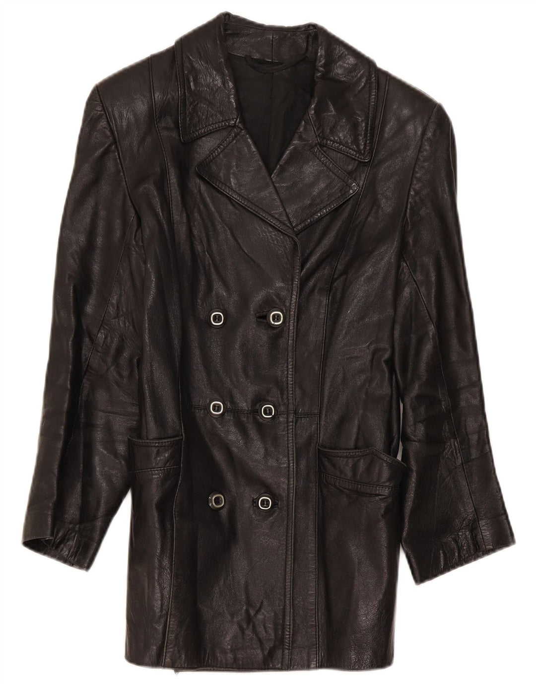 Jachetă de piele vintage pentru femei la dublu piept IT 46 Large Black