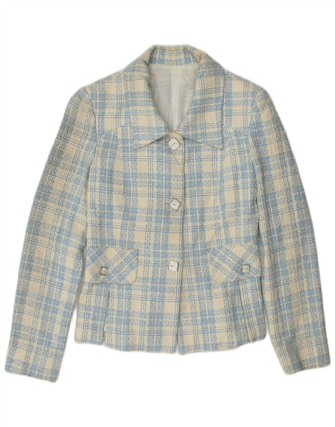 Jachetă vintage pentru femei cu 3 nasturi IT 42, bumbac cu carouri albastru mediu