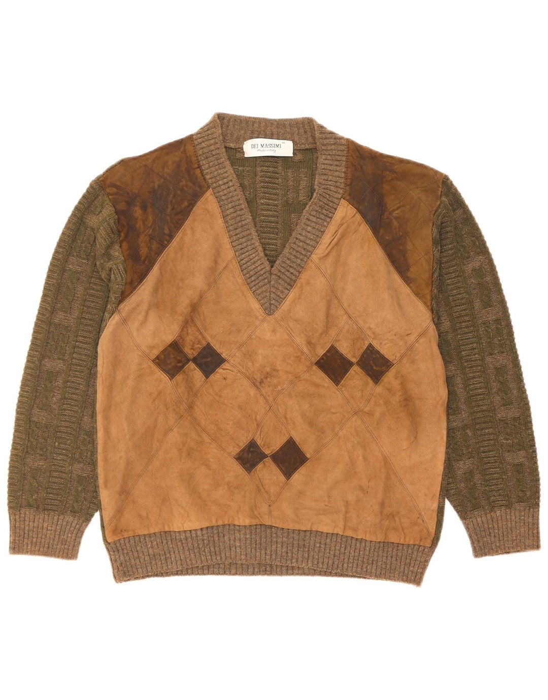 Pulover pentru bărbați Dei Massimi, cu decolteu în V, IT 48 Medium Khaki Argyle/Diamond