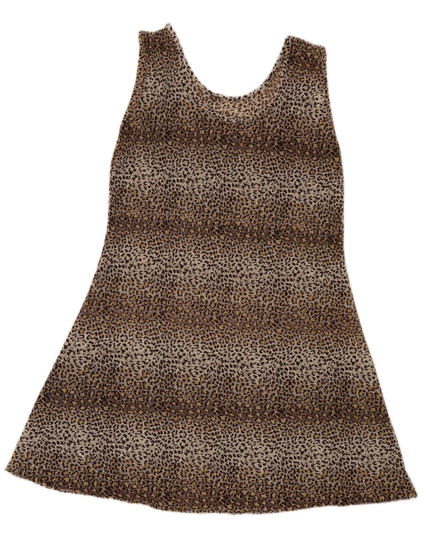 Mini rochie tunică fără mâneci vintage pentru femei UK 8 mic maro imprimeu animal