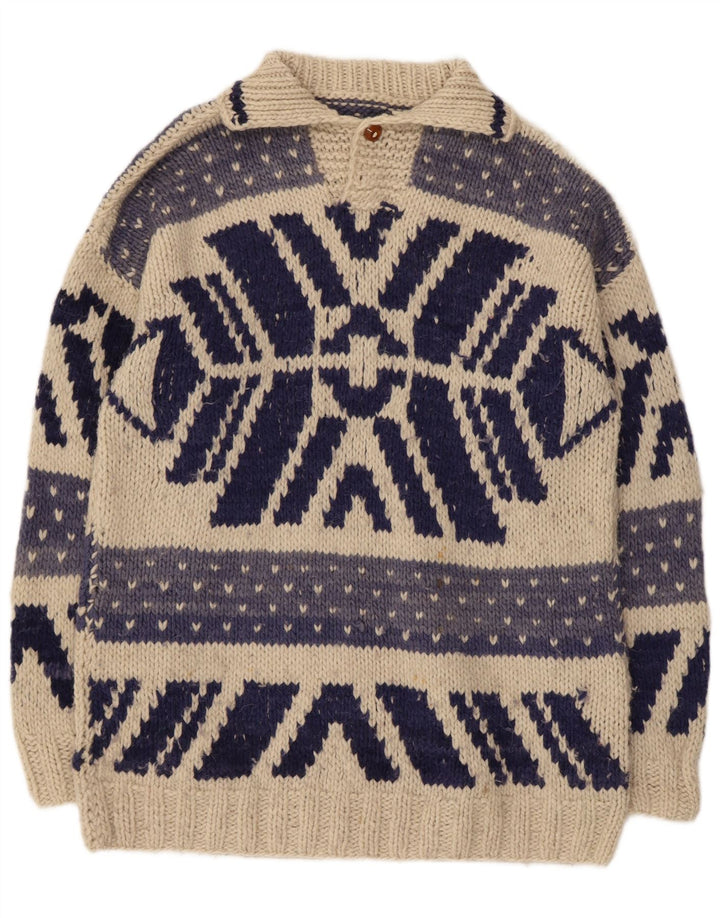 Pulover vintage pentru bărbați cu gât polo alb mediu geometric geometric
