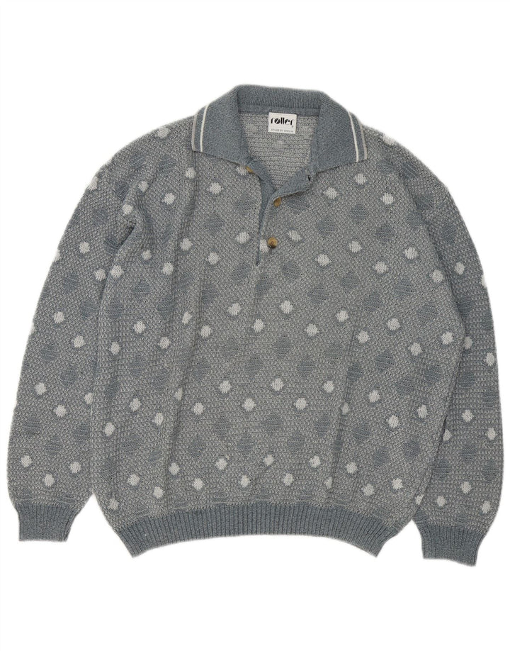 Pulover vintage pentru bărbați cu gât polo mare, geometric, gri