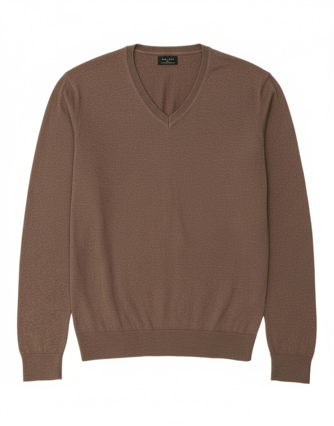 ZARA Mens V-Neck Jumper Sweater Large Brown Cotton