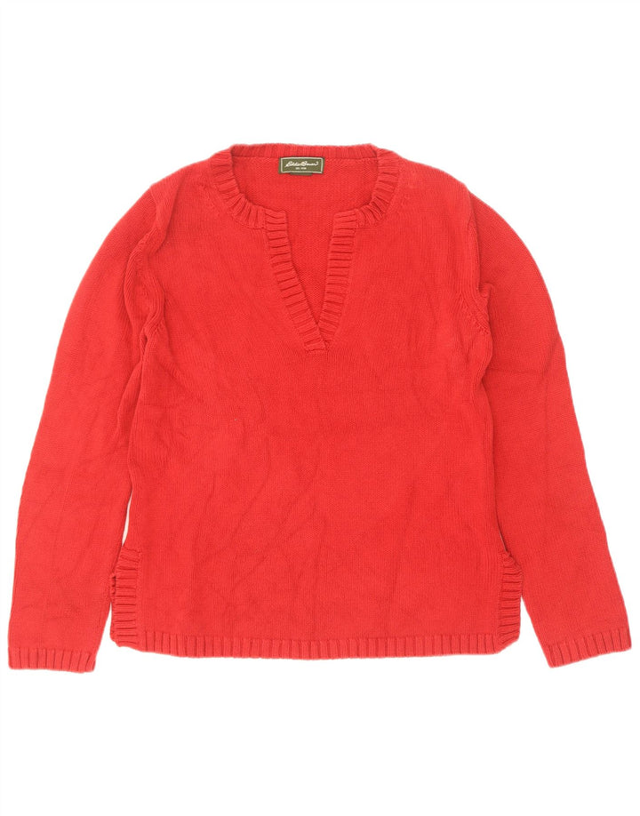 Pulover cu decolteu în V pentru femei Eddie Bauer UK 12 bumbac roșu mediu