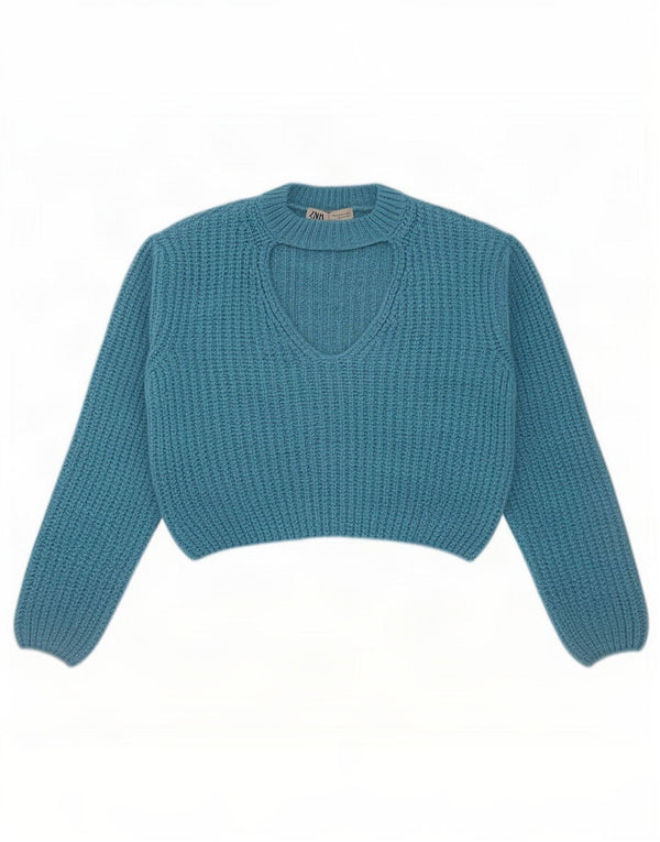 Pulover pentru femei Zara Crop Crew Gate UK 14 Medium Blue Acrylic