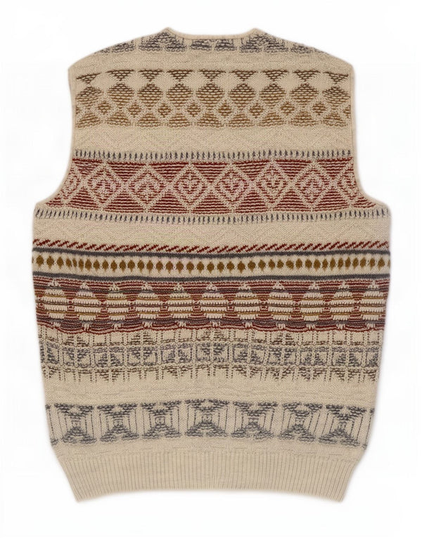 Vintage Mens Sleeveless Cardigan Sweater IT 54 XL Beige Geometric Wool