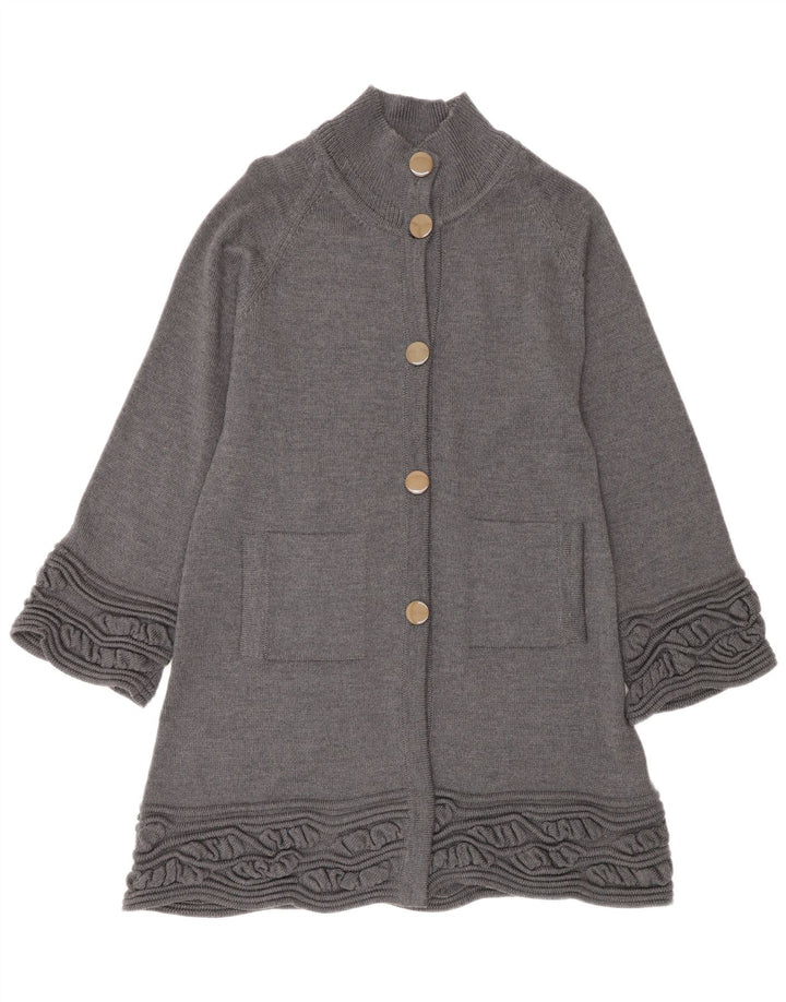 Pulover cardigan cu paragate pentru femei UK 14 Lână virgină gri mediu