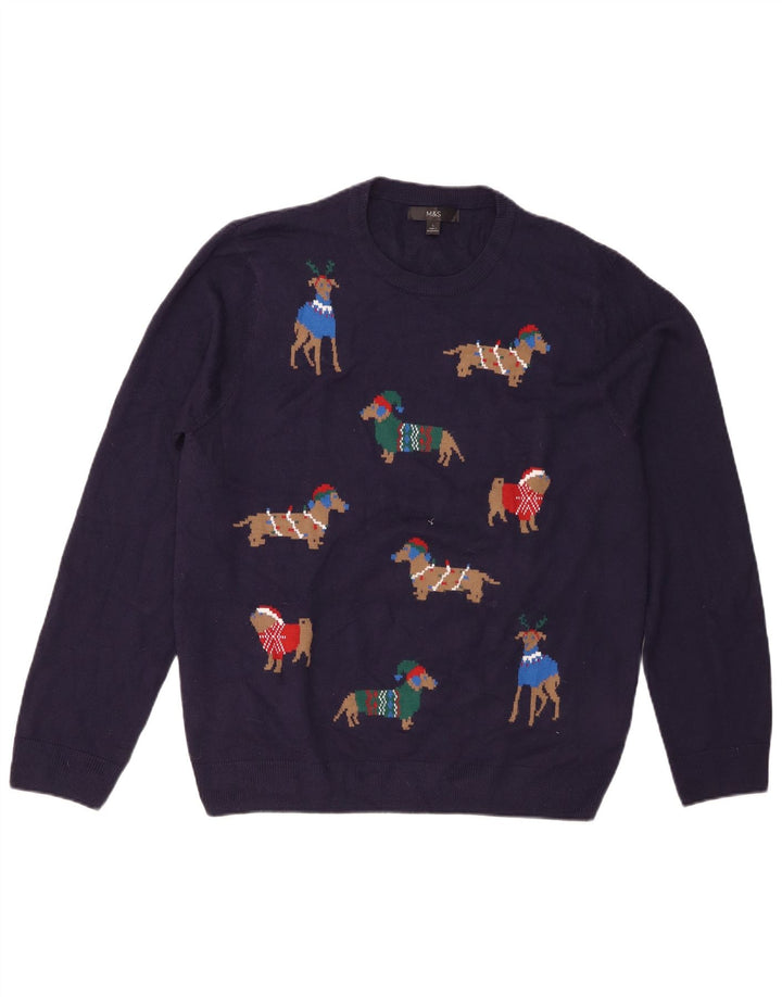Pulover pentru bărbați Marks & Spencer, cu gât crew, Fair Isle, mare, bleumarin