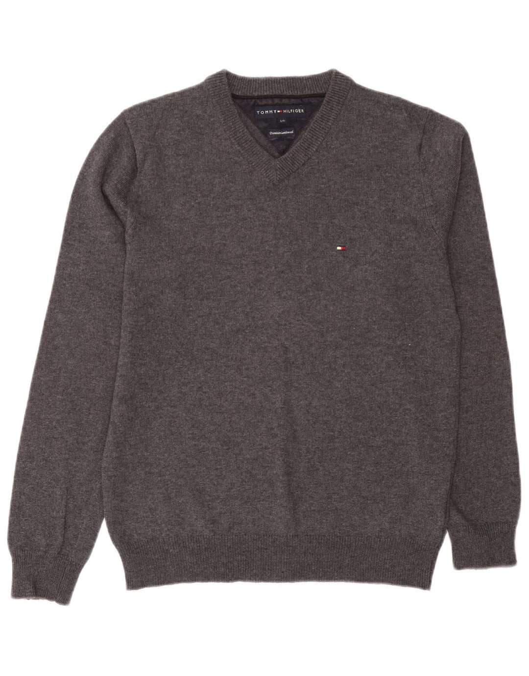 Pulover cu decolteu în V Tommy Hilfiger pentru bărbați, lână de miel, gri mică