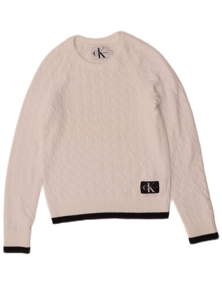 Pulover Calvin Klein Jeans pentru femei cu decolteu rotund alb mediu UK 12
