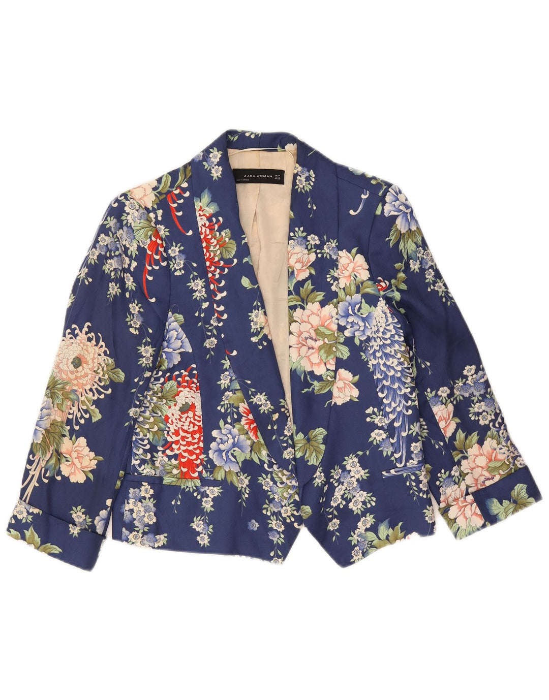 Jachetă Zara pentru femei Crop 1 Button Blazer UK 14 Medium Bleumarin Floral