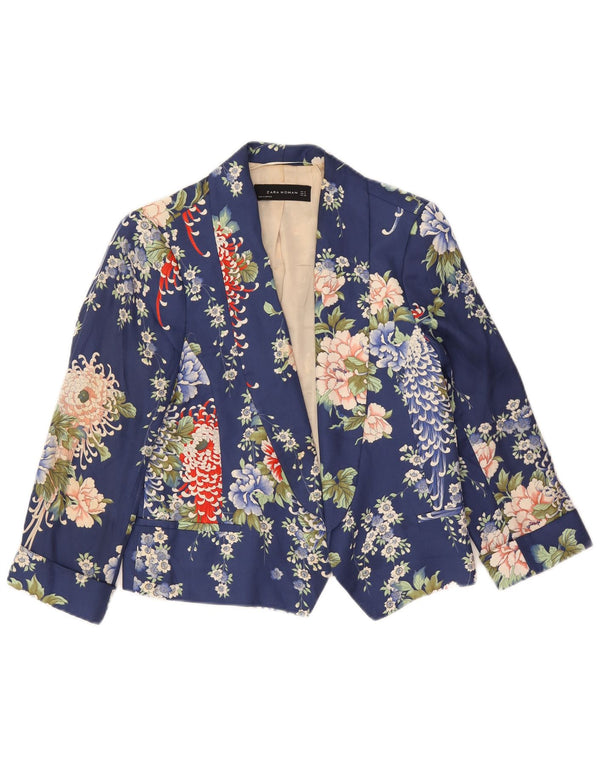 Jachetă Zara pentru femei Crop 1 Button Blazer UK 14 Medium Bleumarin Floral