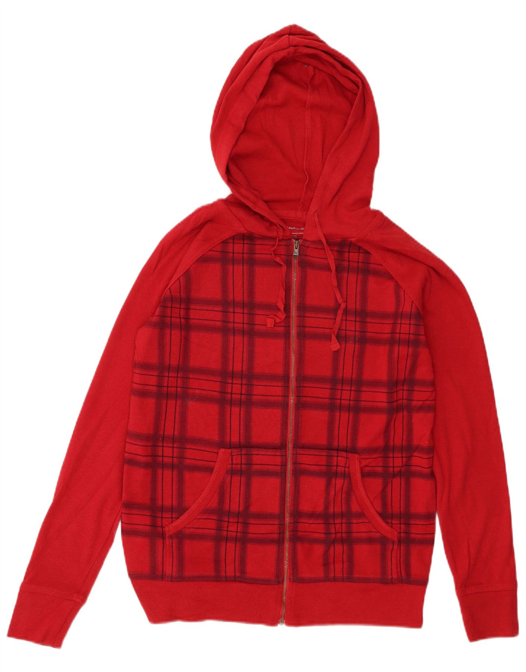 Pulover cu capota cu fermoar pentru femei Eddie Bauer UK 14 Bumbac cu carouri roșii medii