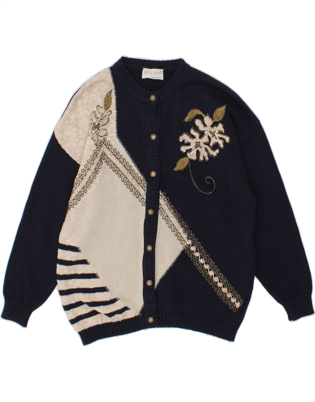 VINTAGE Womens Graphic Cardigan Sweater IT 42 Medium Navy Blue Colourblock Vintage Vintage and Second-Hand Vintage from Messina Hembry 