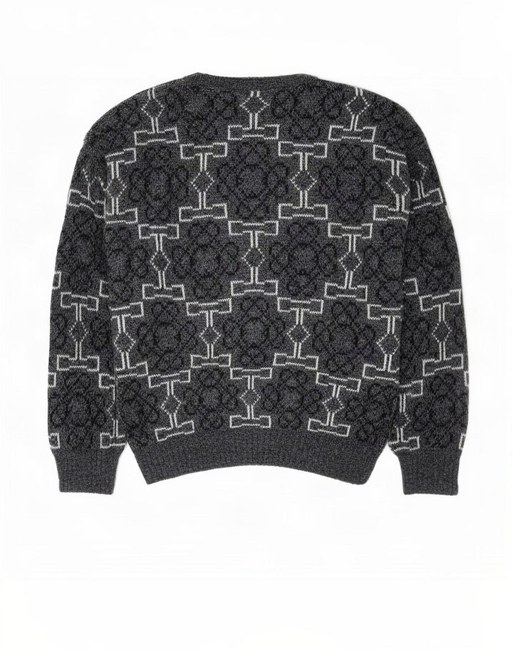 Pulover vintage pentru bărbați cu decolteu rotund, gri mediu geometric