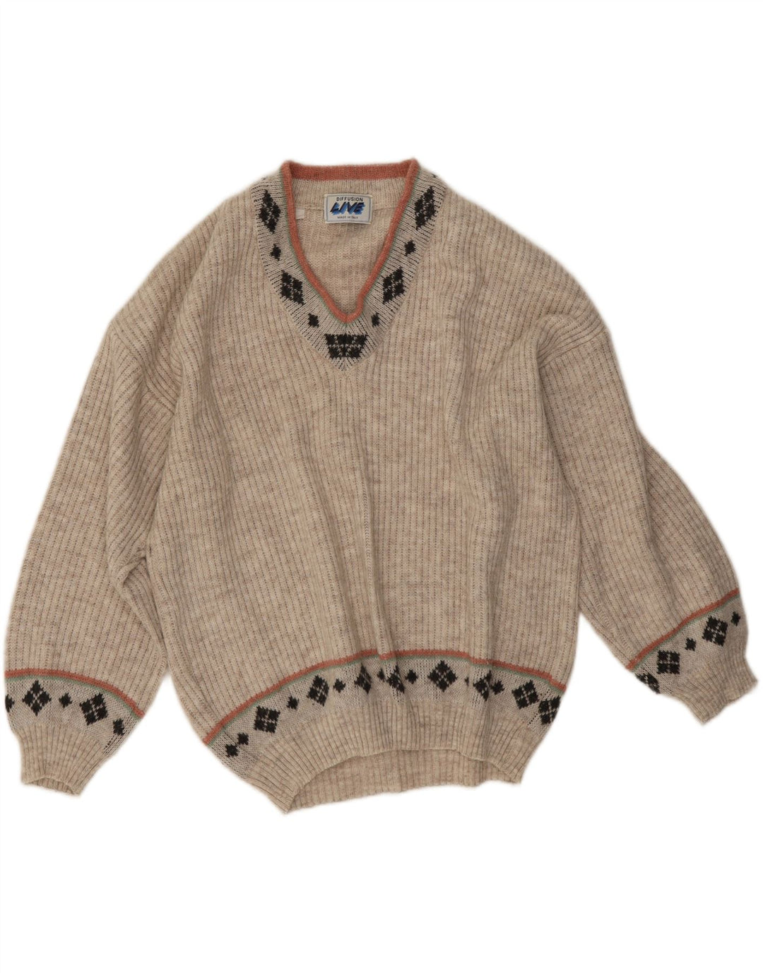 Pulover vintage pentru bărbați cu decolteu în V, mediu, bej, geometric